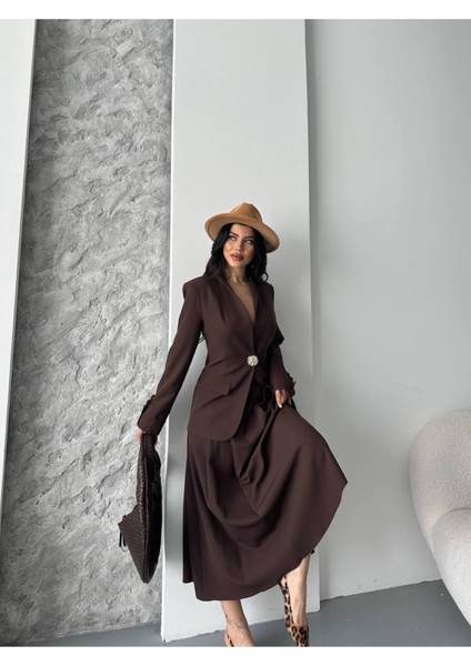 Kadın Gold Kurabiye Düğmeli Blazer Ceket Etek Takım Elbise indirimleri