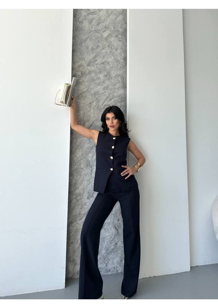 Kadın Alt Üst Takım Şık Düğme Detaylı Premium Yelek Pantolon Ikili Takım Elbise modelleri