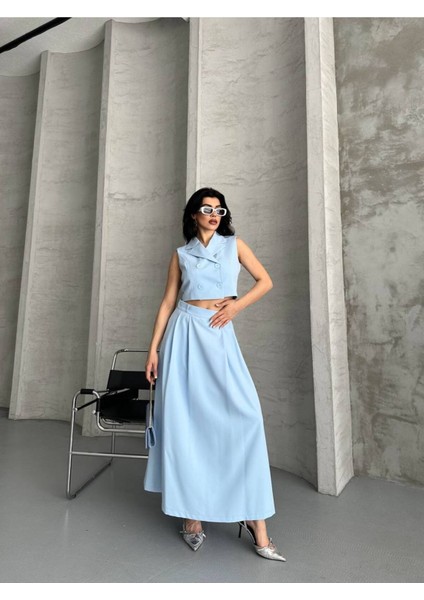 Kadın Alt Üst Takım Düğme Detaylı Premium Yelek Etek Ikili Takım Elbise