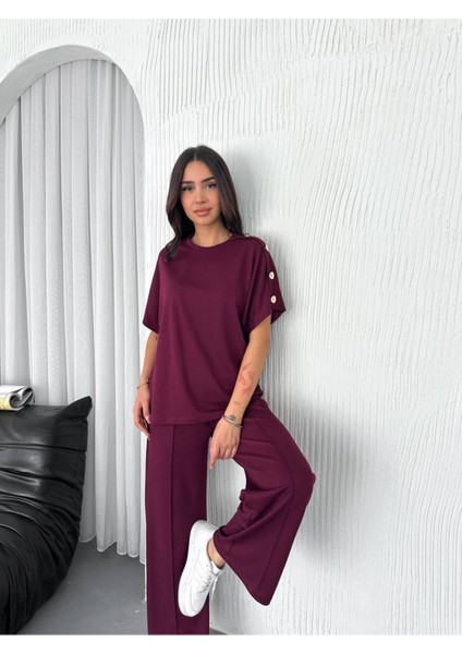 Kadın Modal Kumaş Kısa Kollu T-Shirt Düğme Detaylı Eşofman Takımı