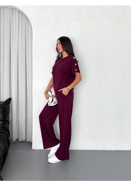 Kadın Modal Kumaş Kısa Kollu T-Shirt Düğme Detaylı Eşofman Takımı modelleri