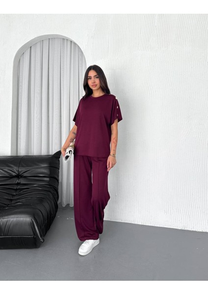 Kadın Modal Kumaş Kısa Kollu T-Shirt Düğme Detaylı Eşofman Takımı fırsatları