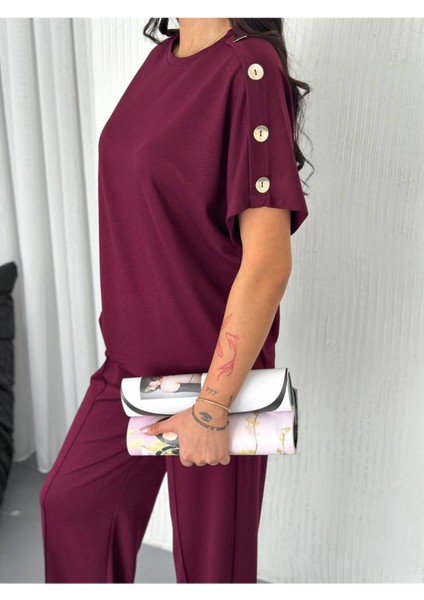 Kadın Modal Kumaş Kısa Kollu T-Shirt Düğme Detaylı Eşofman Takımı indirimleri