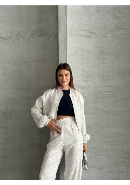 Kadın Leopar Saten Ceket Pantolon Ikili Takım