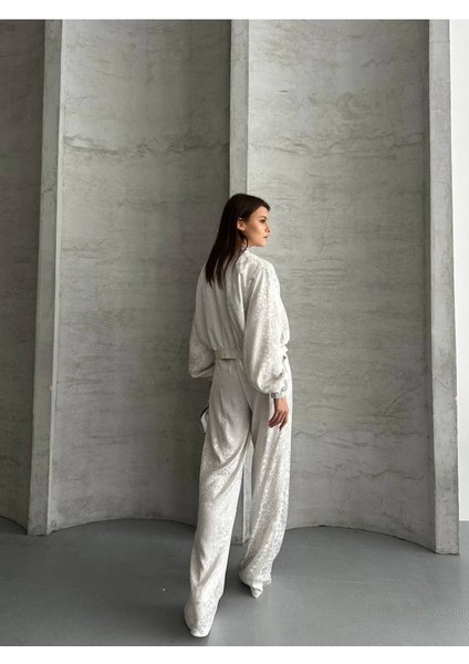 Kadın Leopar Saten Ceket Pantolon Ikili Takım indirimleri