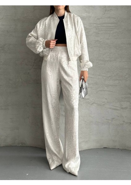 Kadın Leopar Saten Ceket Pantolon Ikili Takım