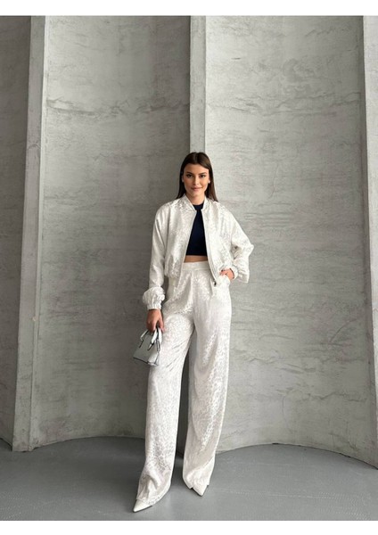 Kadın Leopar Saten Ceket Pantolon Ikili Takım