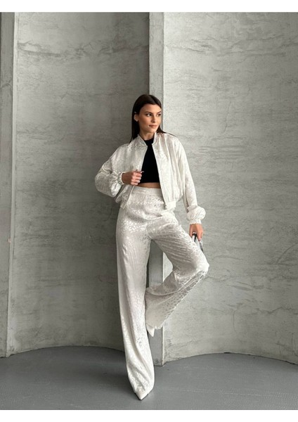 Kadın Leopar Saten Ceket Pantolon Ikili Takım