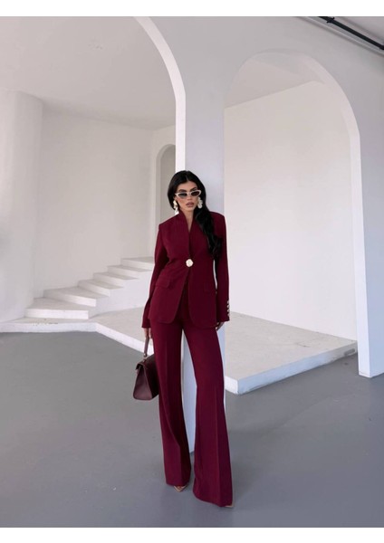 Kadın Gold Kurabiye Düğmeli Blazer Ceket Palazzo Pantolon Takım Elbise indirimleri