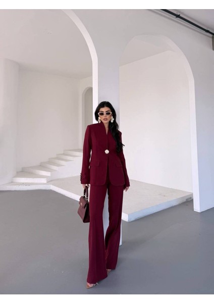 Kadın Gold Kurabiye Düğmeli Blazer Ceket Palazzo Pantolon Takım Elbise