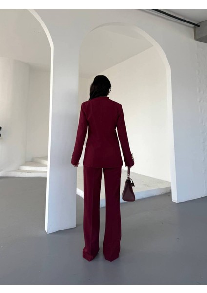 Kadın Gold Kurabiye Düğmeli Blazer Ceket Palazzo Pantolon Takım Elbise