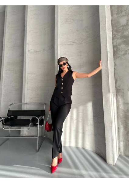 Kadın Alt Üst Takım Şık Taş Düğme Detaylı Premium Yelek Pantolon Ikili Takım Elbise