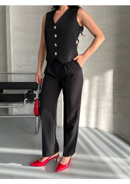 Kadın Alt Üst Takım Şık Taş Düğme Detaylı Premium Yelek Pantolon Ikili Takım Elbise