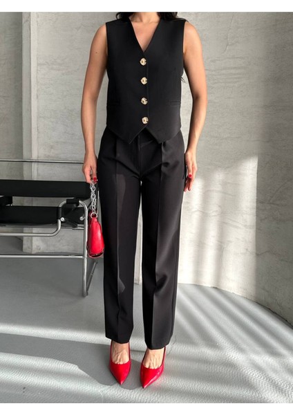 Kadın Alt Üst Takım Şık Taş Düğme Detaylı Premium Yelek Pantolon Ikili Takım Elbise