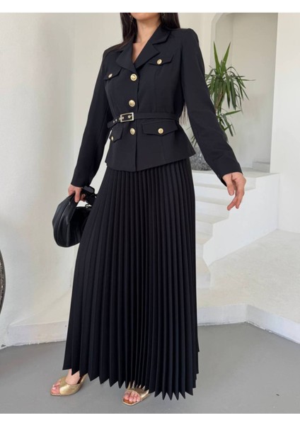 Kadın Kemerli Gold Düğmeli Premium Ceket Pileli Uzun Etek Takım Elbise