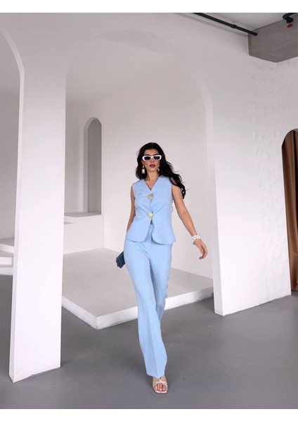 Kadın Gold Kurabiye Düğmeli Yelek Pantolon Takım Elbise