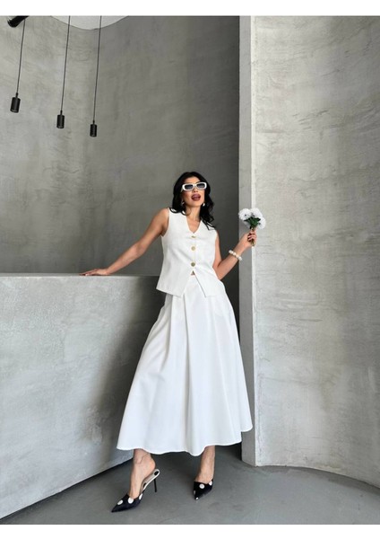 Kadın Alt Üst Takım Şık Düğme Detaylı Premium Yelek Etek Ikili Takım Elbise fırsatları