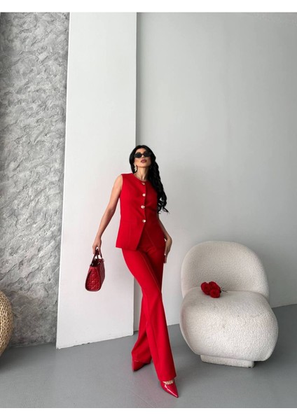 Kadın Alt Üst Takım Şık Düğme Detaylı Premium Yelek Pantolon Ikili Takım Elbise fırsatları