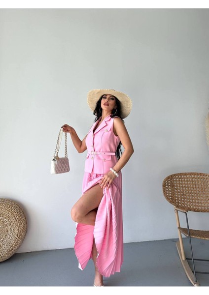 Kadın Kemerli Düğmeli Yelek Pileli Etek Takım Elbise fiyatları