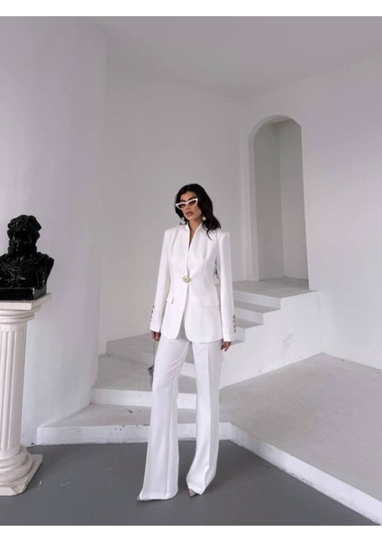 Kadın Gold Kurabiye Düğmeli Blazer Ceket Palazzo Pantolon Takım Elbise