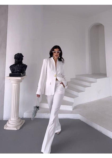 Kadın Gold Kurabiye Düğmeli Blazer Ceket Palazzo Pantolon Takım Elbise modelleri