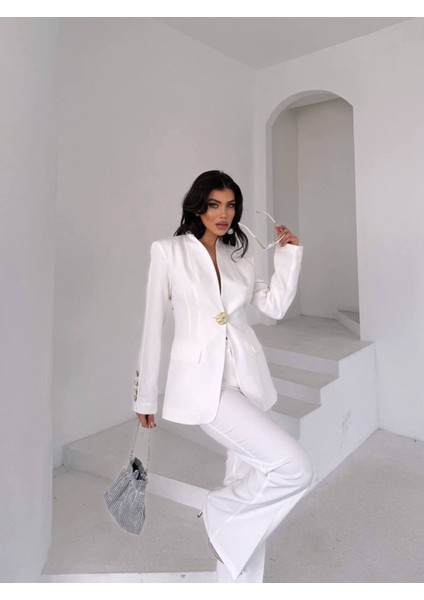 Kadın Gold Kurabiye Düğmeli Blazer Ceket Palazzo Pantolon Takım Elbise indirimleri