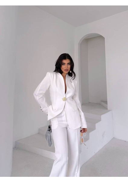 Kadın Gold Kurabiye Düğmeli Blazer Ceket Palazzo Pantolon Takım Elbise