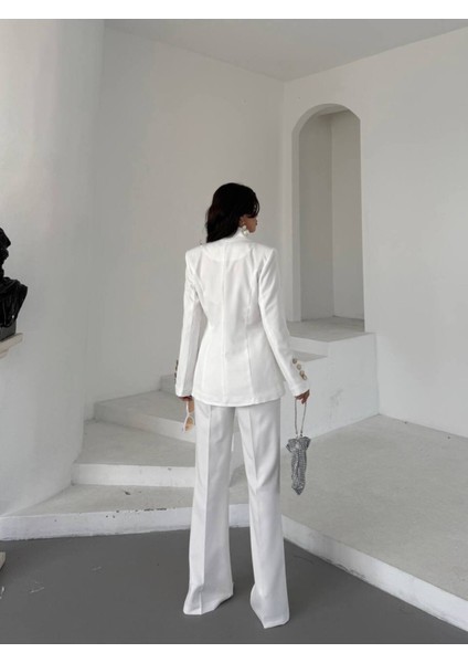 Kadın Gold Kurabiye Düğmeli Blazer Ceket Palazzo Pantolon Takım Elbise