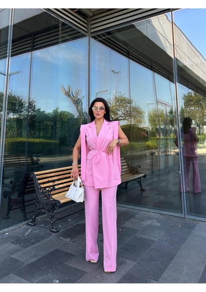 Kadın Oversize Bağlamalı Tasarım Yelek Pantolon Takım Elbise