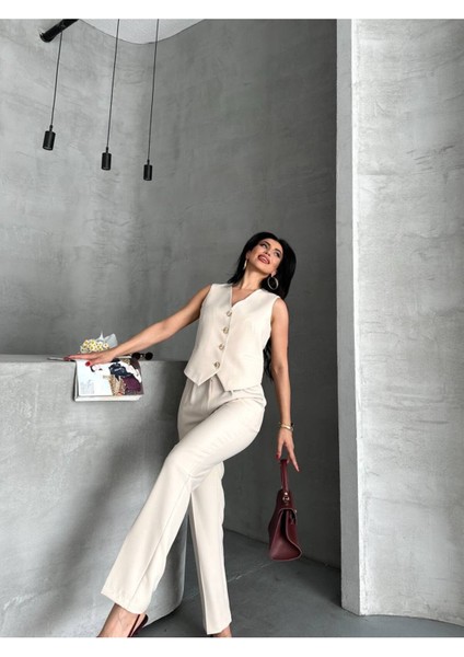 Kadın Alt Üst Takım Şık Taş Düğme Detaylı Premium Yelek Pantolon Ikili Takım Elbise modelleri