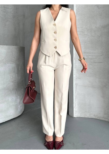 Kadın Alt Üst Takım Şık Taş Düğme Detaylı Premium Yelek Pantolon Ikili Takım Elbise
