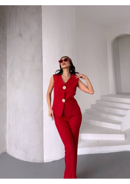 Kadın Gold Kurabiye Düğmeli Yelek Pantolon Takım Elbise