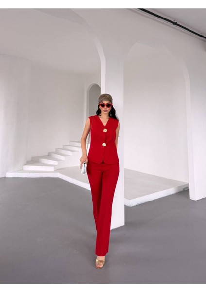 Kadın Gold Kurabiye Düğmeli Yelek Pantolon Takım Elbise fiyatları