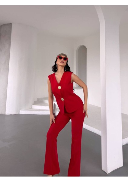 Kadın Gold Kurabiye Düğmeli Yelek Pantolon Takım Elbise modelleri