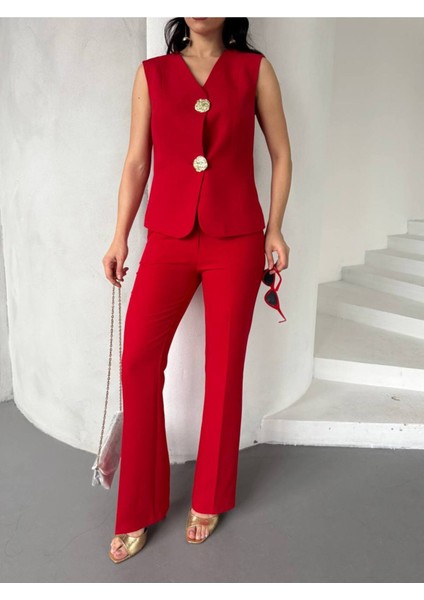 Kadın Gold Kurabiye Düğmeli Yelek Pantolon Takım Elbise