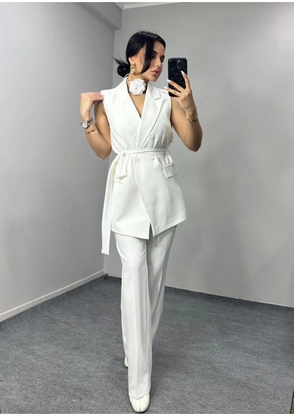Kadın Kuşaklı Yelek Pantolon Takım Elbise