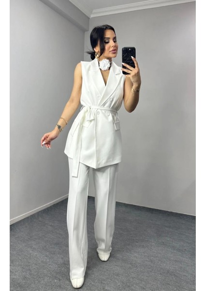 Kadın Kuşaklı Yelek Pantolon Takım Elbise fiyatları