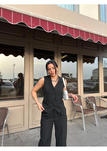 Kadın Klasik Çizgili Yelek Pantolon Takım Elbise modelleri