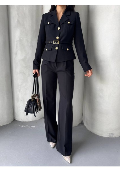 Kadın Kemerli Gold Düğmeli Ceket Palazzo Pantolon Takım Elbise fırsatları