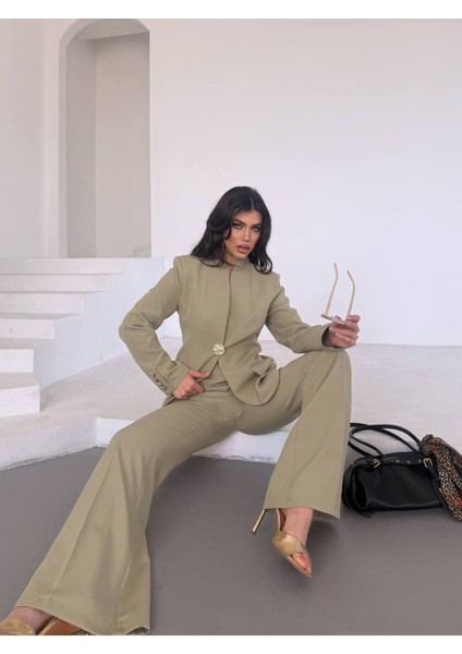 Kadın Gold Kurabiye Düğmeli Blazer Ceket Palazzo Pantolon Takım Elbise fiyatları