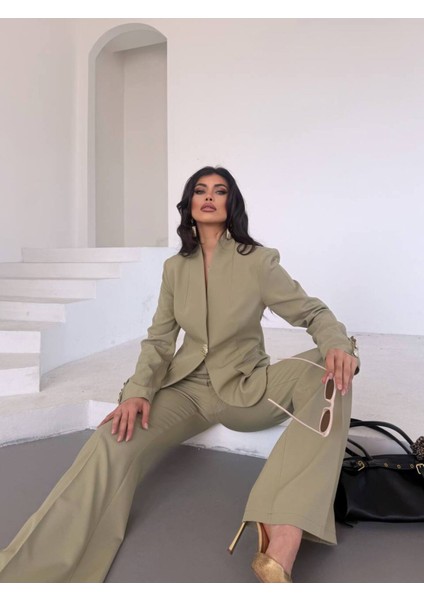 Kadın Gold Kurabiye Düğmeli Blazer Ceket Palazzo Pantolon Takım Elbise modelleri