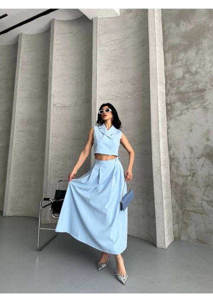 Kadın Alt Üst Takım Düğme Detaylı Premium Yelek Etek Ikili Takım Elbise