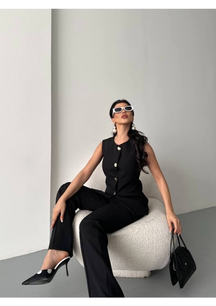 Kadın Alt Üst Takım Şık Düğme Detaylı Premium Yelek Pantolon Ikili Takım Elbise