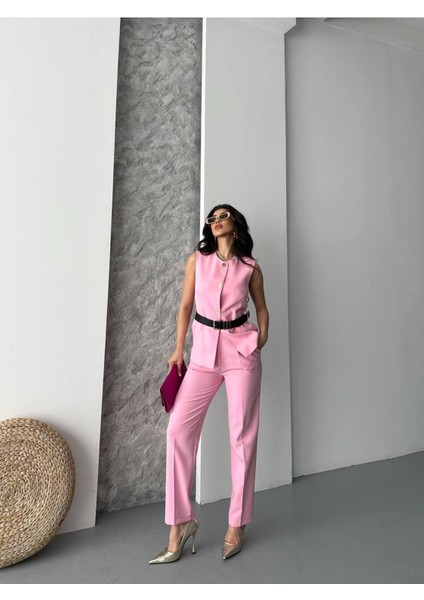 Kadın Kemerli Yelek Palazzo Pantolon Ikili Takım Elbise modelleri