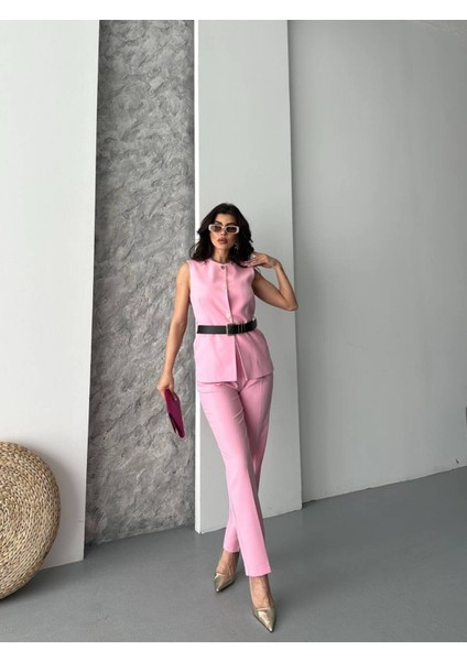 Kadın Kemerli Yelek Palazzo Pantolon Ikili Takım Elbise indirimleri