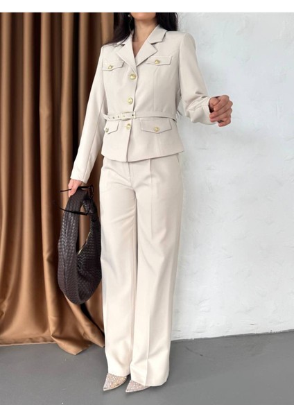 Kadın Kemerli Gold Düğmeli Ceket Palazzo Pantolon Takım Elbise