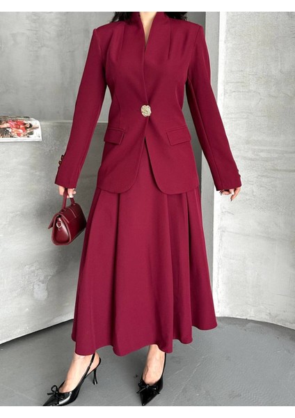 Kadın Gold Kurabiye Düğmeli Blazer Ceket Etek Takım Elbise