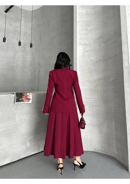 Kadın Gold Kurabiye Düğmeli Blazer Ceket Etek Takım Elbise