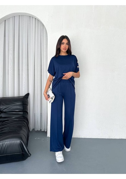 Kadın Modal Kumaş Kısa Kollu T-Shirt Düğme Detaylı Eşofman Takımı