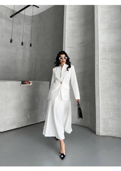 Kadın Gold Kurabiye Düğmeli Blazer Ceket Etek Takım Elbise fiyatları